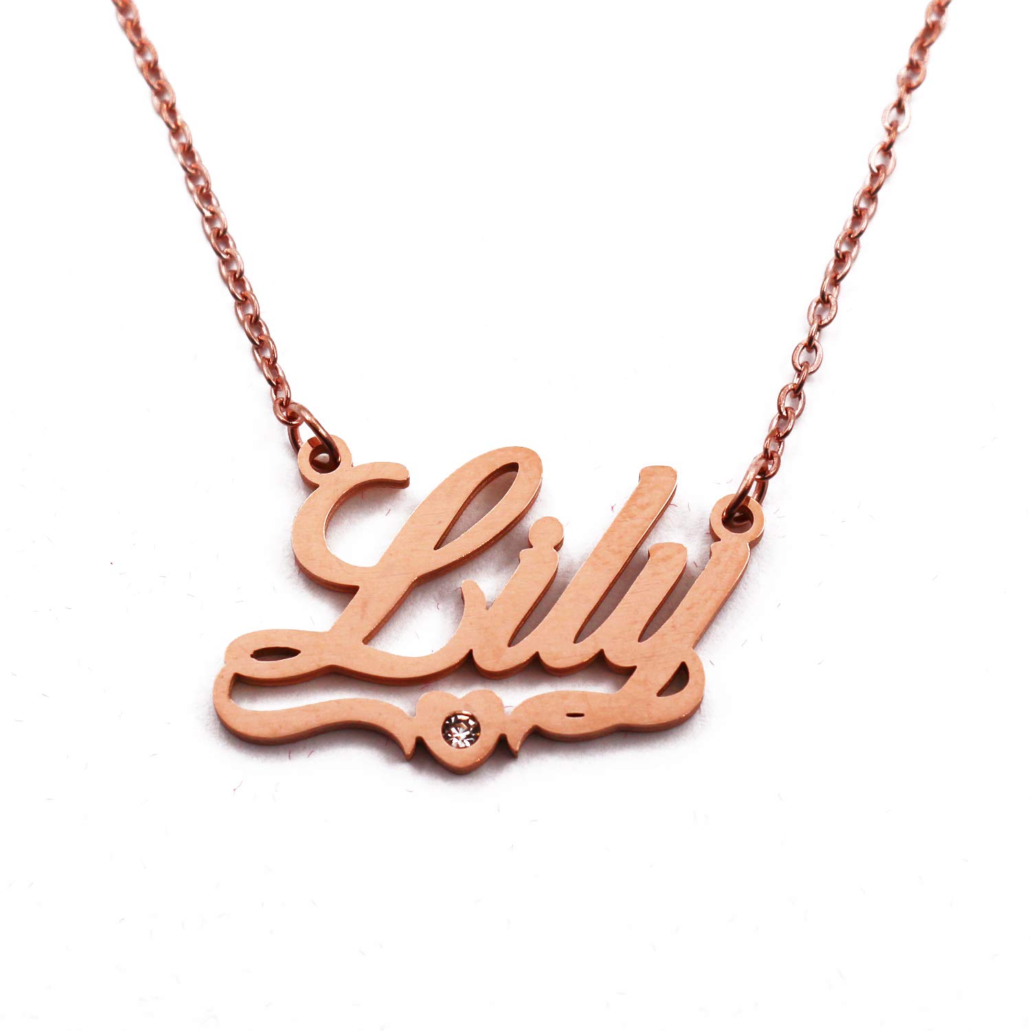 Lily Personalised Heart Shaped Name Necklace Rose Gold Plated, Custom Dainty Name Pendants, Jewellery for Ladies, Girlfriend, Mother, Sister, Friends