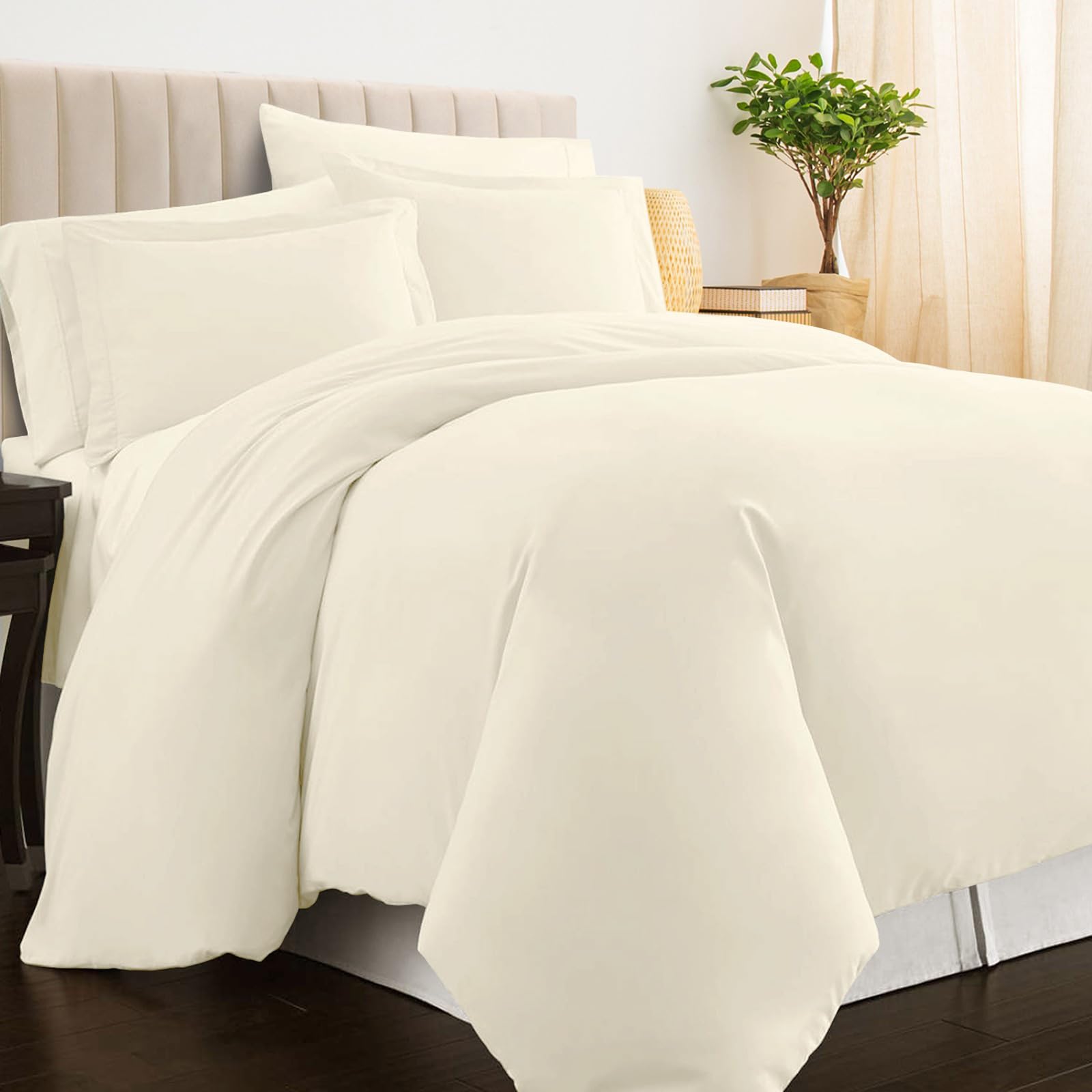 Pizuna 100% Cotton Double Duvet Cover Set Ivory, 400 Thread Count Long Staple Cotton Duvet Cover 200x200cm, Sateen Weave Quilt Cover with Button Closure (Double Duvet Cover Cotton)