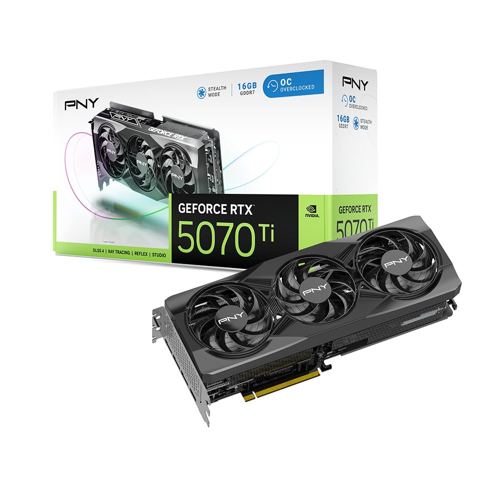 PNY NVIDIA GeForce RTX™ 5070 Ti OC Triple ventilador, tarjeta gráfica (16 GB GDDR7, 256 bits, velocidad de impulso: 2572 MHz, PCIe® 5.0, HDMI®/DP 2.1, ranura de 2,98, arquitectura NVIDIA Blackwell, DLSS 4)