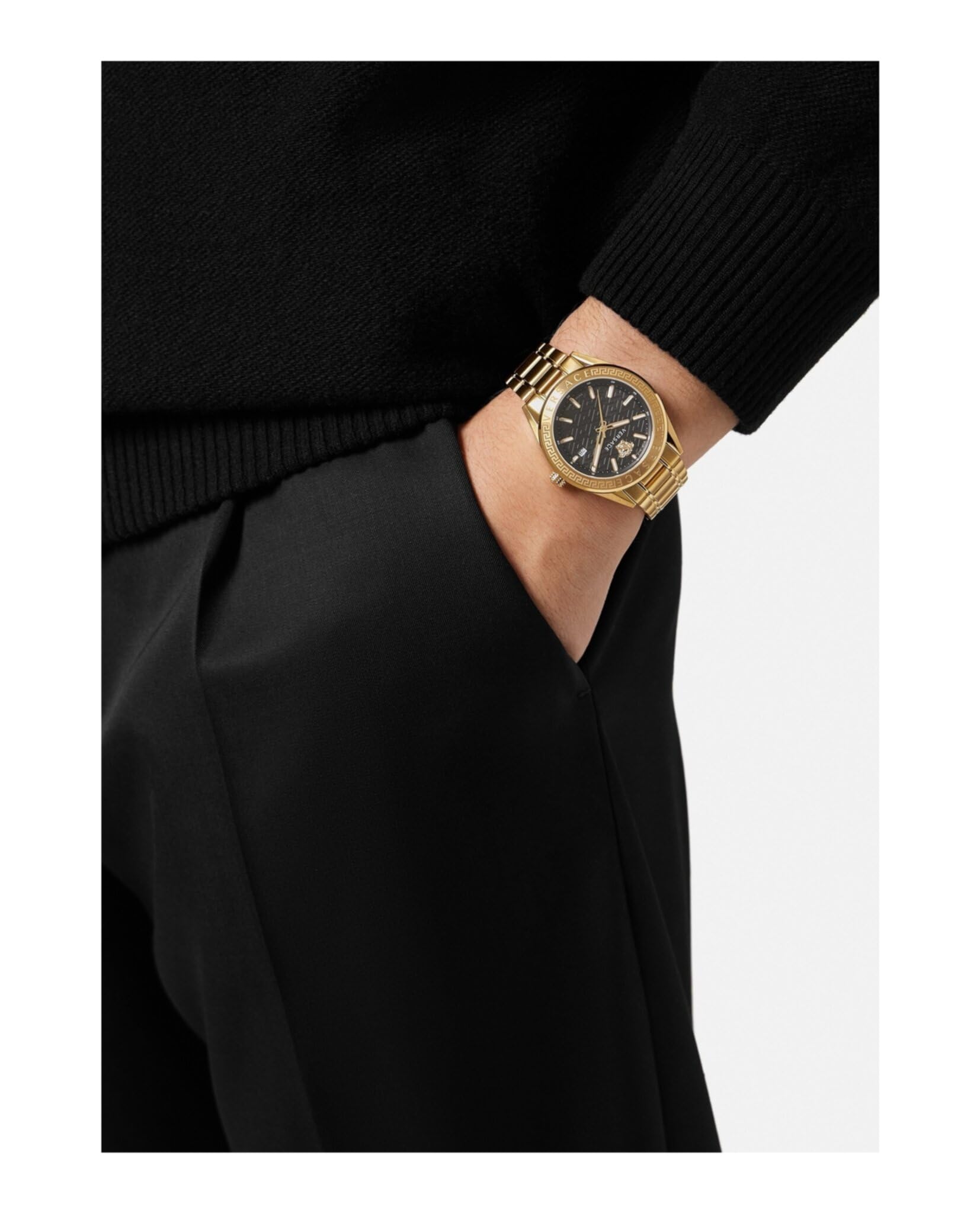 Versace V-Code Collection Luxury Mens Watch Timepieces with a Gold Bracelet Featuring a IP Yellow Gold Case and a Black Dial