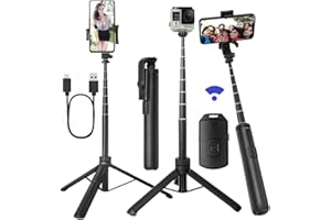 NEWYIHOKJ 66" Tripod for iPhone & Camera, Portable Phone Tripod with Rechargeable Remote Control and Rotate Phone Stand, Selfie Stick for iPhone/Gopro and Cameras (Black, 66 in)