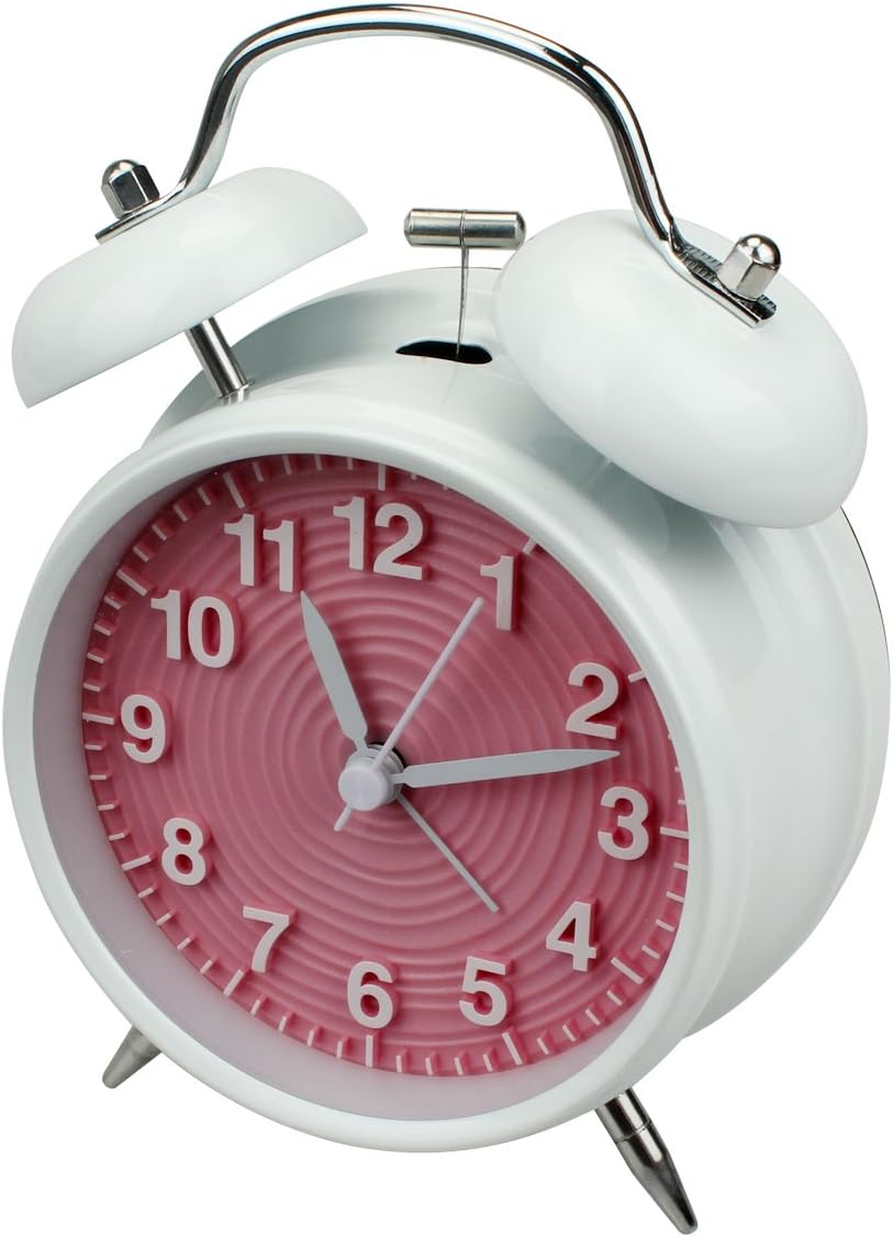 homchen 4” Twin Bell Alarm Clock Non Ticking, Battery Operated Old Fashioned Loud Alarm Clock with Nightlight for Bedrooms(White+Pink)