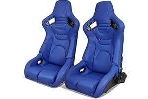 IKON MOTORSPORTS, Universal Racing Seats Pair with Dual Sliders, Blue PU & Carbon Leather Reclinable Left Right