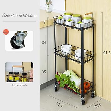 Amazon De Servierwagen Rollwagen 3 Tiers Mit Holzgriff Schwarz Schmale Kuche Badezimmer