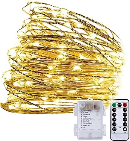 Outdoor String Lights 8 Modes 33ft 100LED Copper Wire Fairy Starry String Lights Battery Powered with Remote Control for Indoor Christmas Waterproof Lighting (warm white)