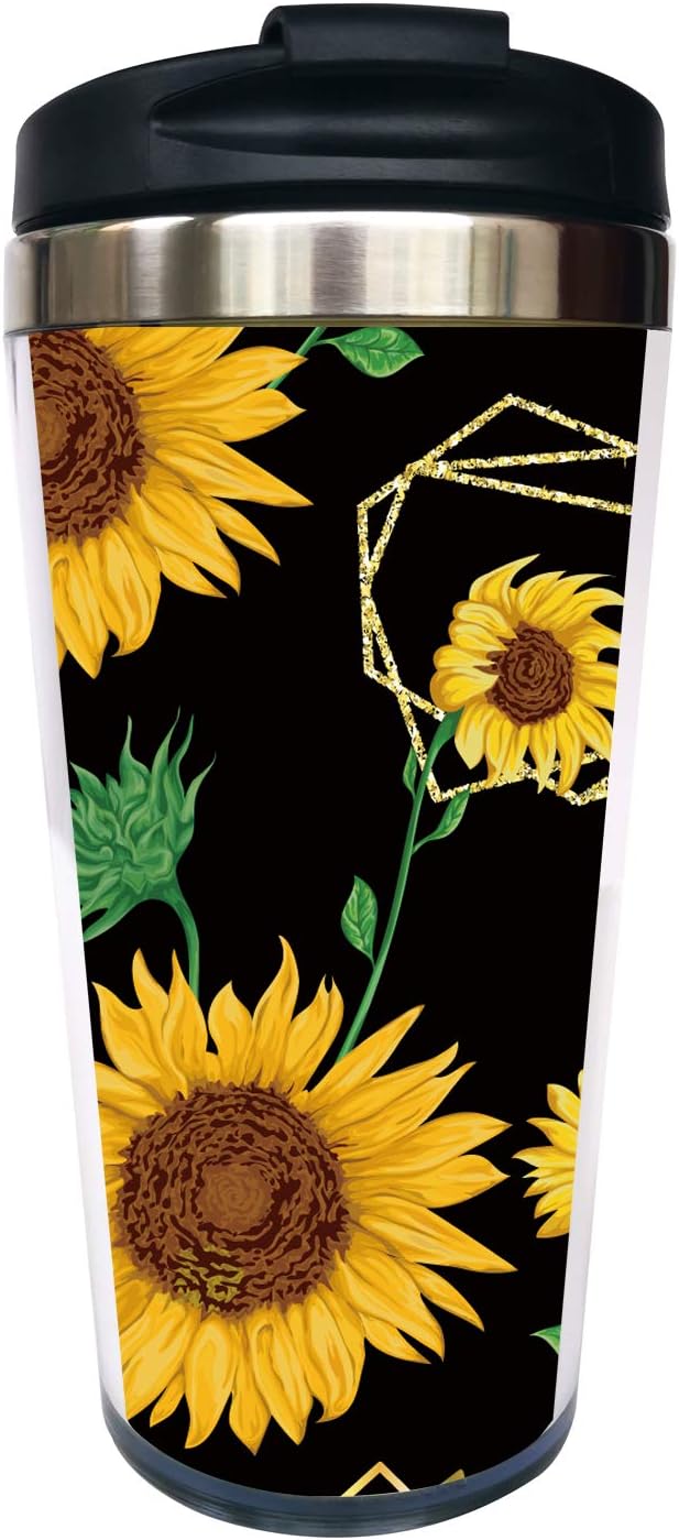 Waldeal Sunflower Travel Coffee Mug with Flip Lid, Stainless Steel Tumbler Cup Water Bottle 15 OZ, Mother's Day Birthday for Men Women Girls