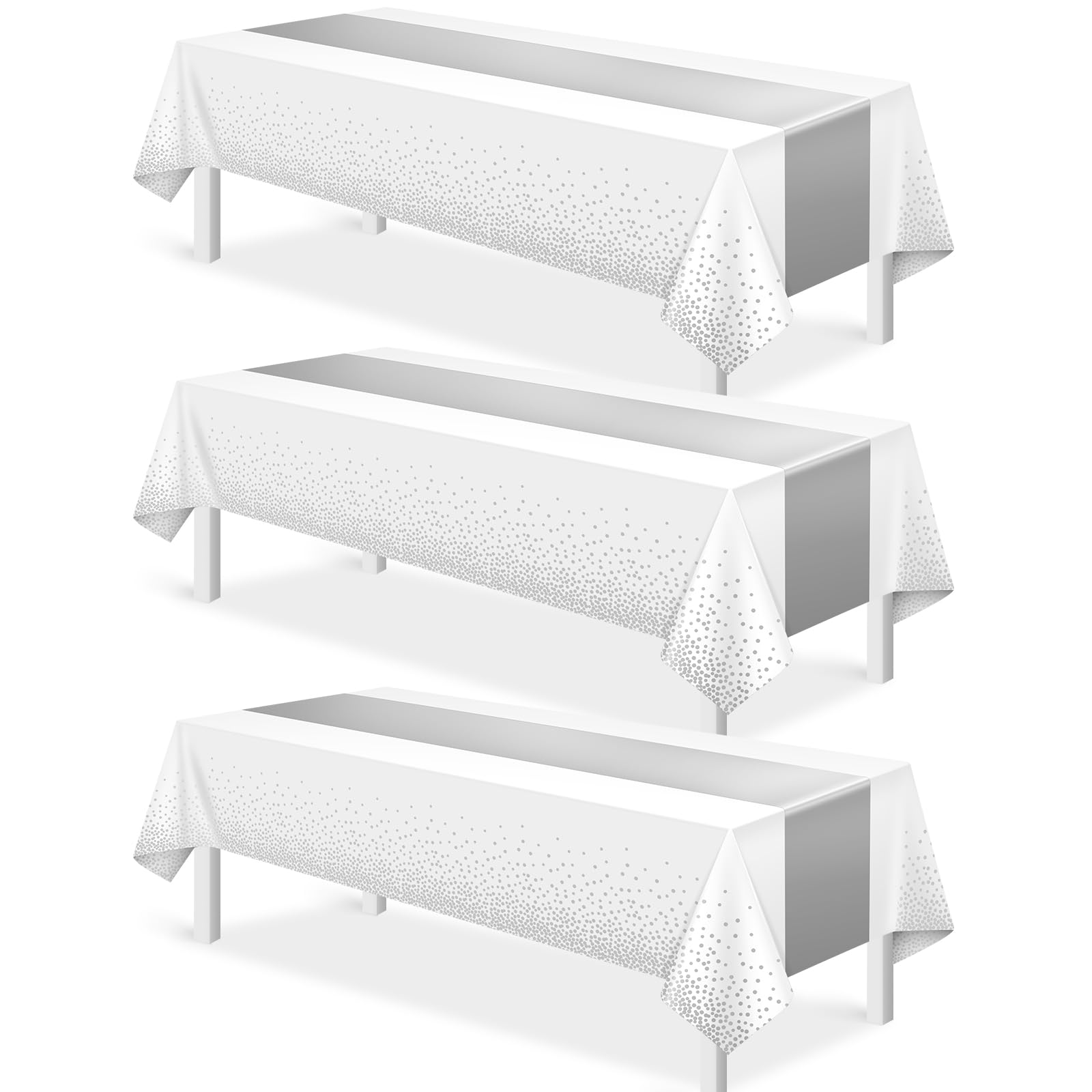 Photo 1 of 3Pcs White and Silver Tablecloth Party Decorations,Plastic White Table Cloth Printed Silver Runner Disposable Rectangle Table Cover for Birthday Wedding Anniversary Graduation Party,54 x108 Inch