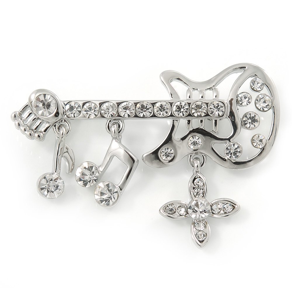 Rhodium Plated Clear Crystal Guitar with Musical Charms Brooch - 45mm Across