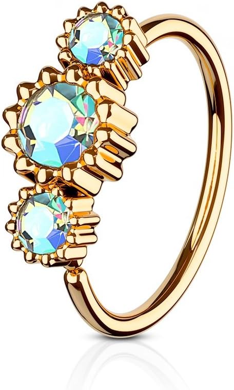 3 Round CZ Set Rose Gold IP Plated 316L Surgical Steel WildKlass Hoop Ring for Nose & Ear Cartilage