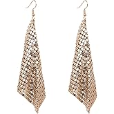 coadipress Metal Mesh Grid Sequins Tassel Long Drop Dangle Earrings for Women Trendy Lightweight Charms Disco Vintage Colorful Long Hook Earrings Bridal Wedding Jewelry