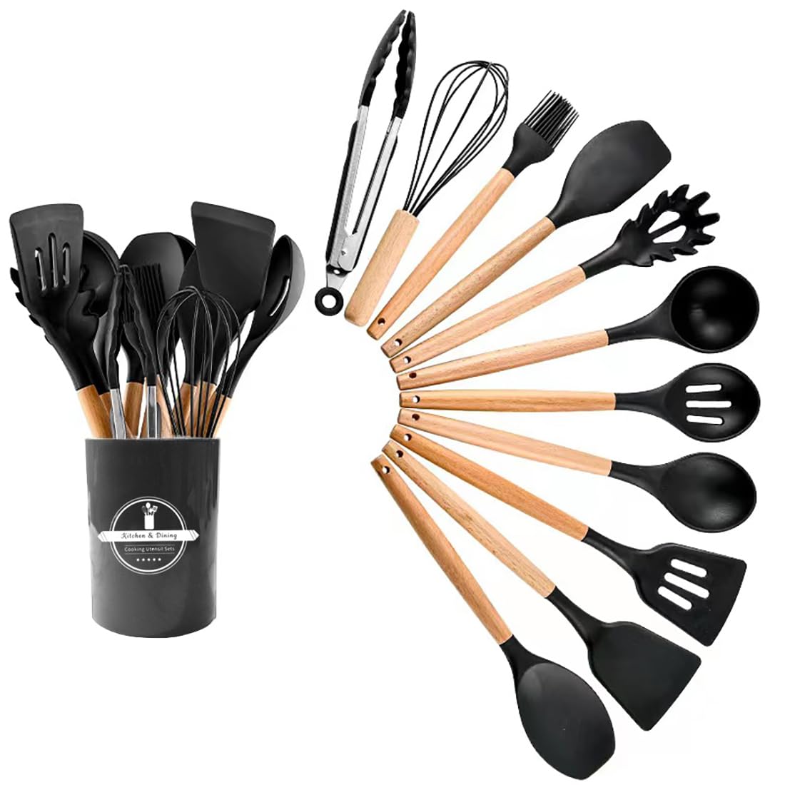 GJIE Kitchen Utensil Set, 12 PCS Silicone Cooking Utensils Set with Wooden Handle, Heat Resistant, Nonstick Cookware Tongs Spatula Spoon Set, Dishwasher Safe, Best Kitchen Tools (Black)