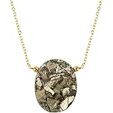 NJCRAFT Natural Pyrite Druzy Oval Cabochon Necklace | Gold Plated Gemstone Pendant Necklace | Pyrite Stone 8–12 mm | Approx 15–25 Carat | Adjustable Chain 16+2 Inch