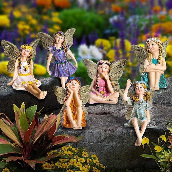 GloBrite 10cm Set of 6 Mini Fairy Garden Ornaments Outdoor - Garden Fairy Statues for Lawn, Yard, Flower Beds - Hand-Painted Decorative Figurines - Durable Waterproof Polyresin - Gift for Women & Kids