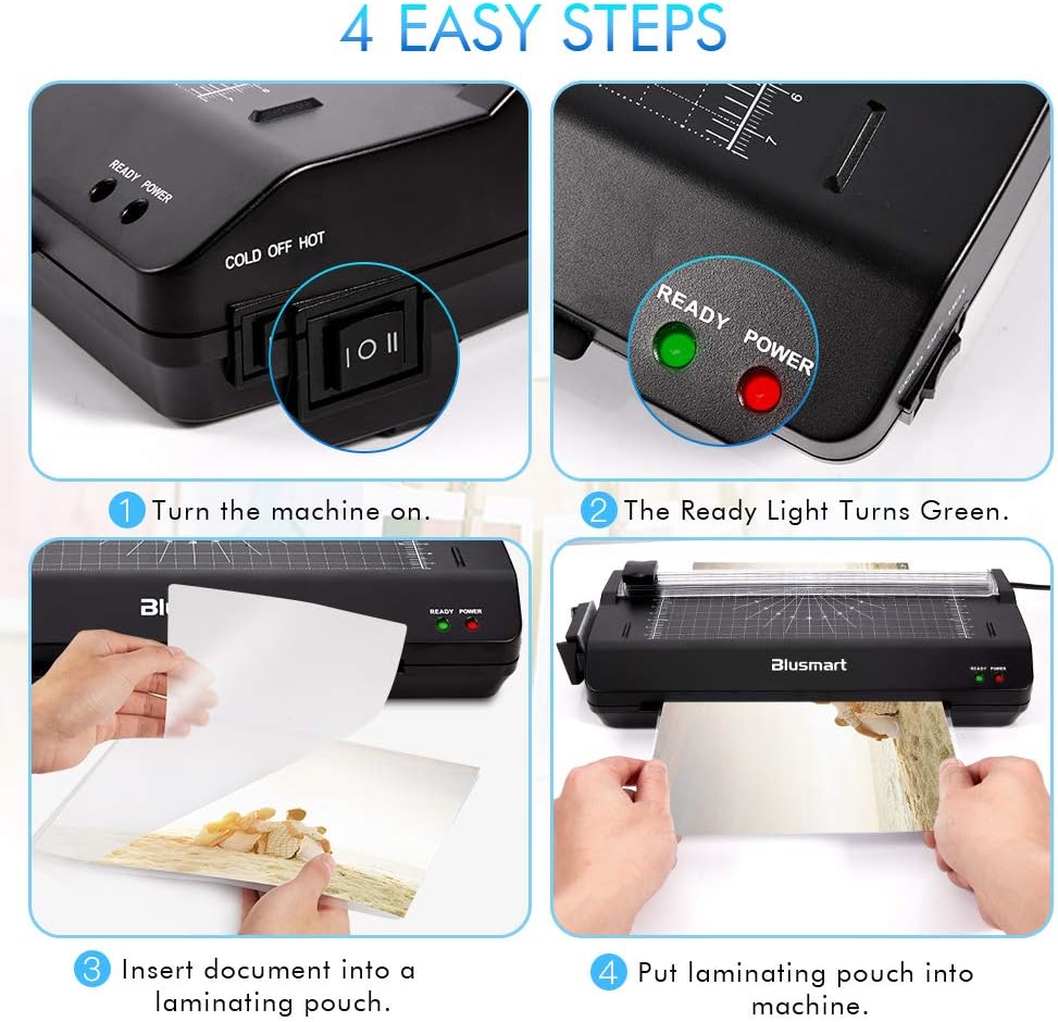5 in 1 Blusmart Laminator Set, A4, Trimmer, Corner Rounder, 20 Laminating Pouches, Photo Frames, Black : Office Products