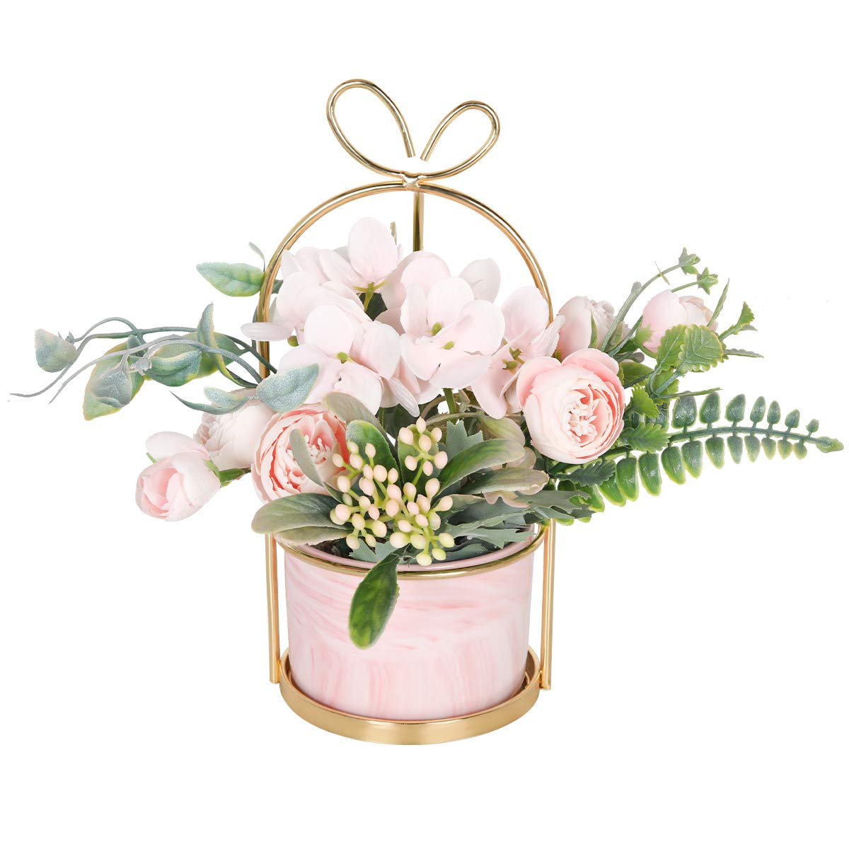 Hobyhoon Artificial Silk Flowers with Vase Fake Hydrangea & Chrysanthemum Floral Arrangement for Home Wedding Decor, Table Centerpiece, Living Room Desk Decoration