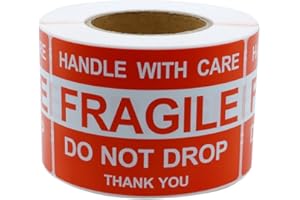 FungLam 4'' x 6'' Fragile Stickers, Fragile - Handle with Care - Do Not Drop - Thank You Shipping and Packing Warning Stickers - 500 Permanent Adhesive Labels Per Roll (1 Pack)