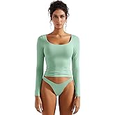 SUUKSESS Women Double Lined Fitted Basic T Shirts Scoop Neck Long Sleeve Crop Top