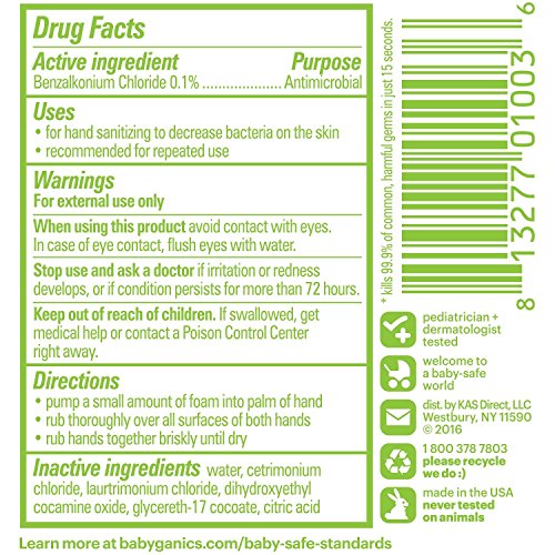 Babyganics Foaming Pump Hand Sanitizer, Alcohol Free, Travel Size, Fragrance Free, Kills 99.9% of Common Bacteria, Moisturizing, 1.69oz (Pack of 6)