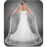 Yalice Catherdal Wedding Veils for Brides Long Bridal Veil 1 Tier Veils Floral Lace Soft Tulle Veils with Comb 118''