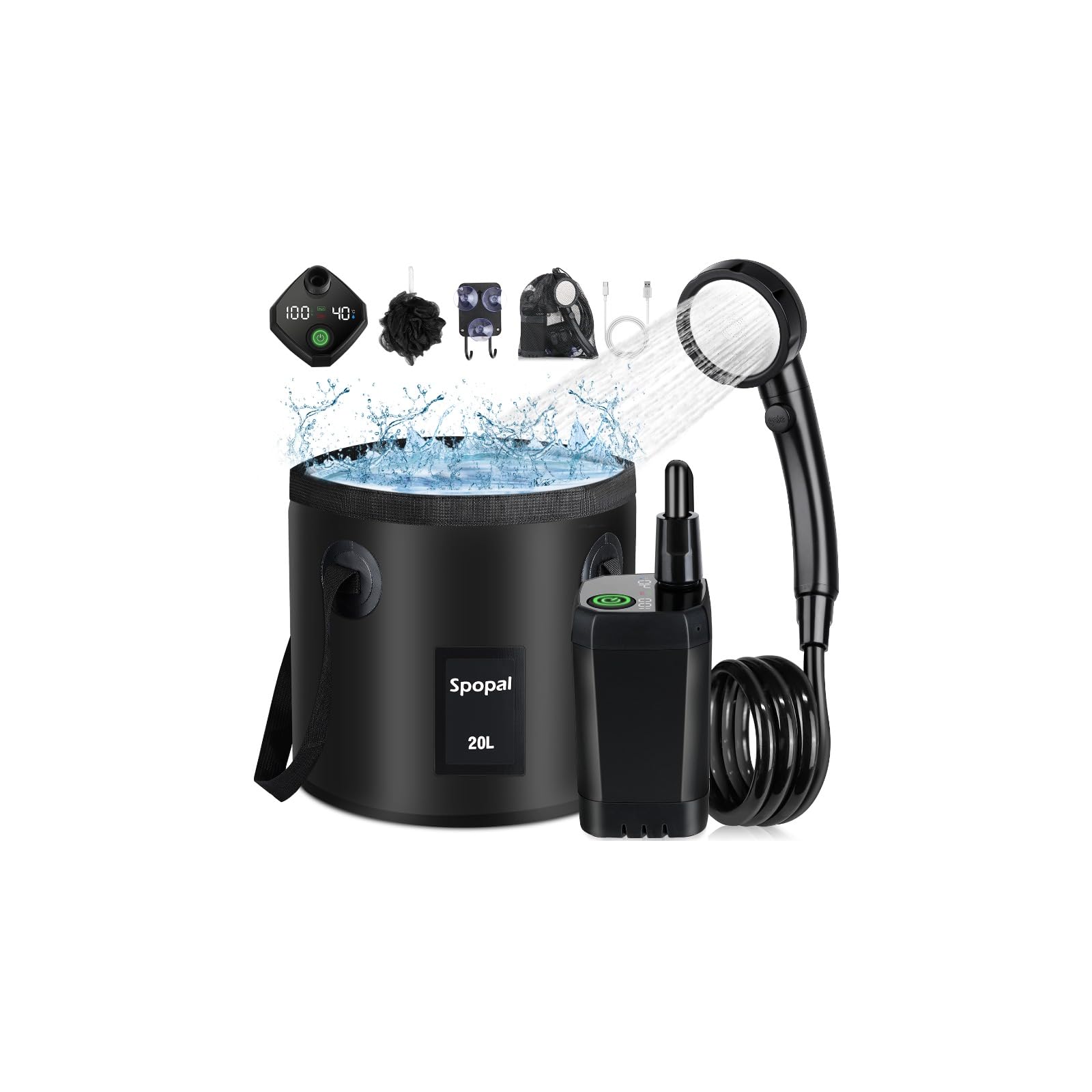 Photo 1 of Spopal Portable Shower for Camping, Rechargeable Camping Shower with Collapsible Bucket with Handle 20L Intelligent LED Display, 4 Spray Modes, Outdoor Shower Kit for Hiking, Travel, Car, Pet ?Black?