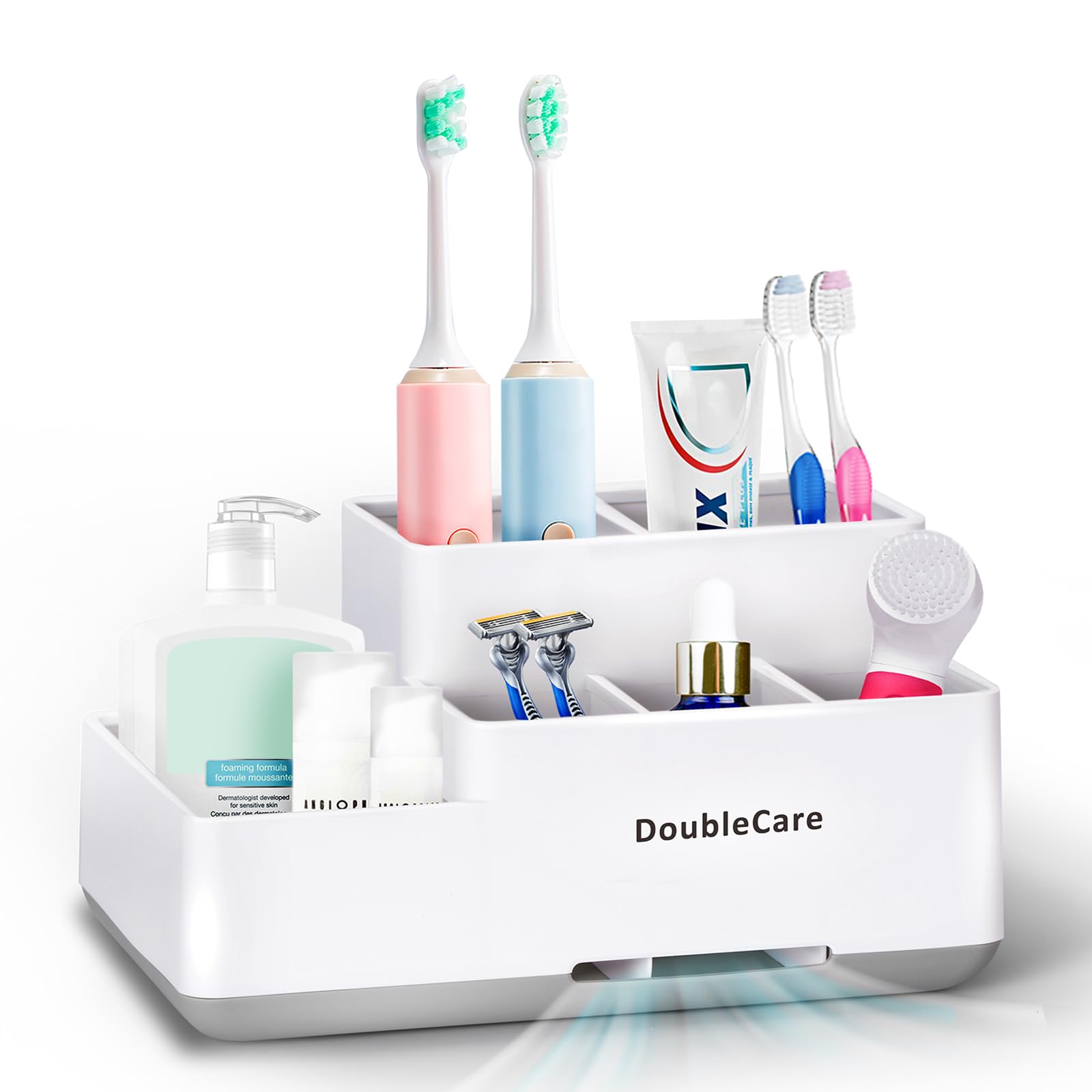 DoubleCare Toothbrush Holder,Bathroom Organizer Countertop Detachable for Easy Cleaning, Multifunctional Storage,Bathroom Caddy for Toothpaste,Shaver,Great for Home, Vanity Organizer