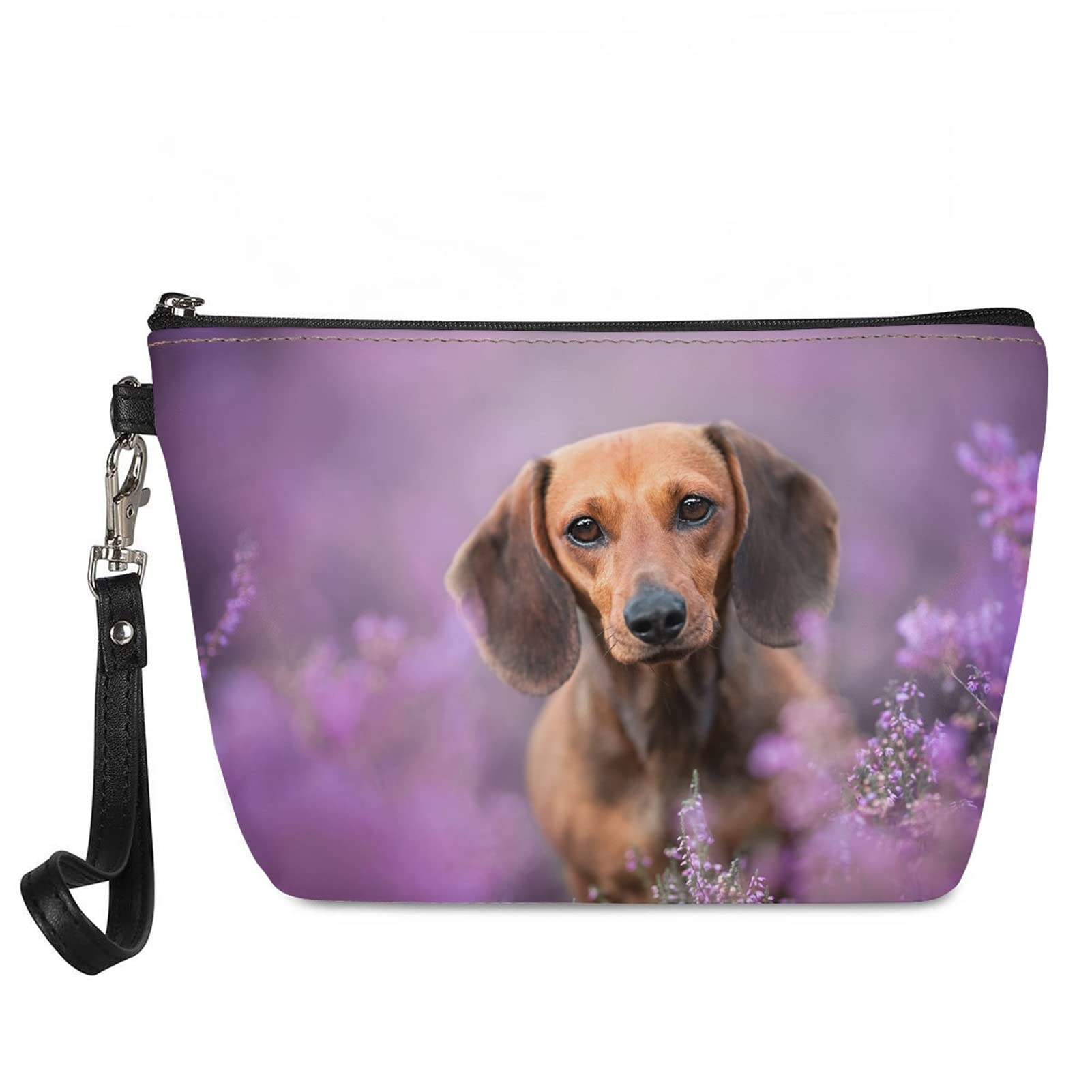 Kuiaobaty Lady Handbag with Wristlet Cute Dachshund Dog Print Girls Makeup Bag Cosmetic Pouch Women Beauty Bag Purple Travel Coin Purse