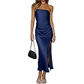 DAAWENXI Women's Summer Sexy Strapless Satin Tube Bodycon Midi Dress Side Slit Cocktail Party Long Dresses