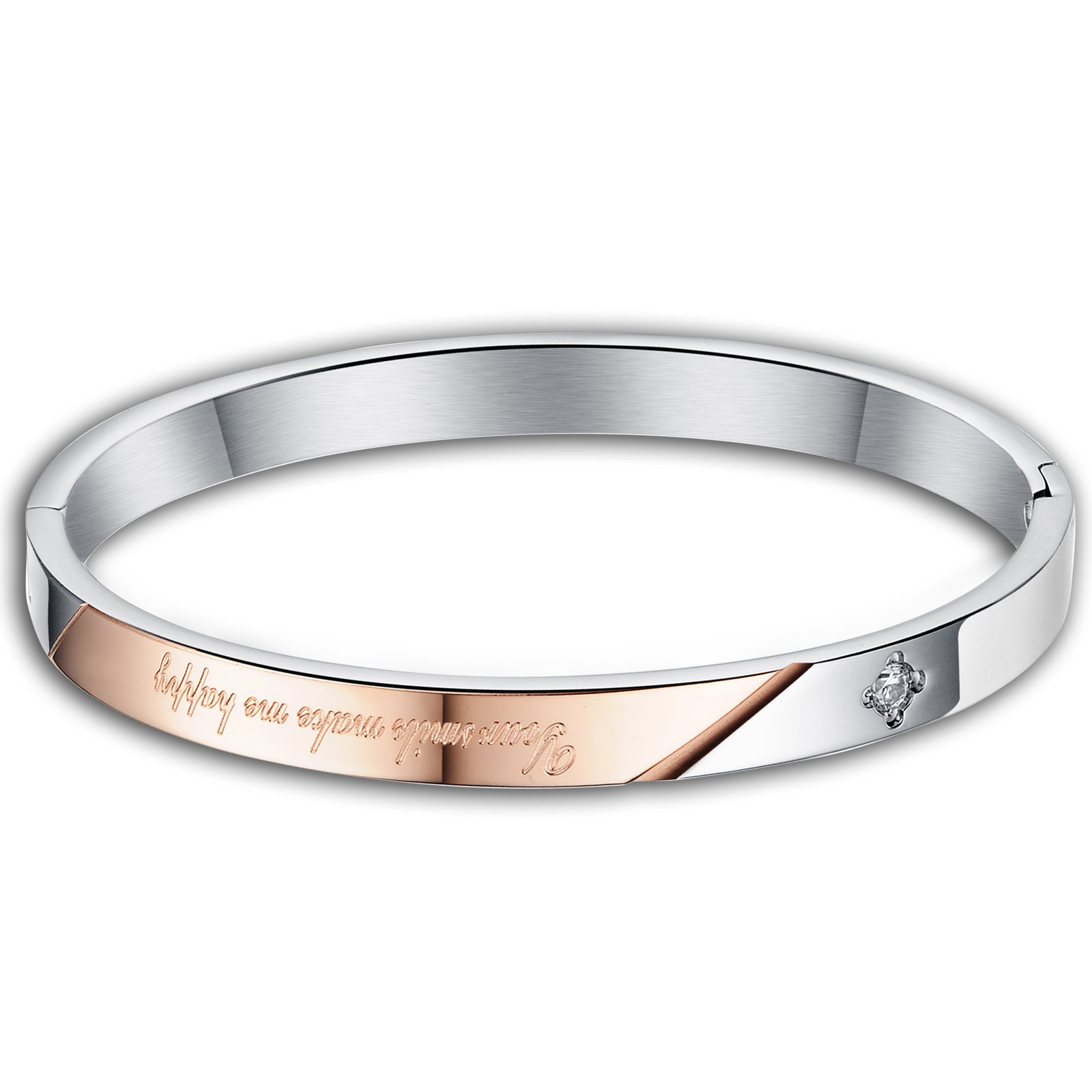 JewelryWe Free Engraving Valentine Romantic Gifts Your Smile Make Me Happy His or Hers Couple Stainless Steel Bangle Bracelet (Hers)