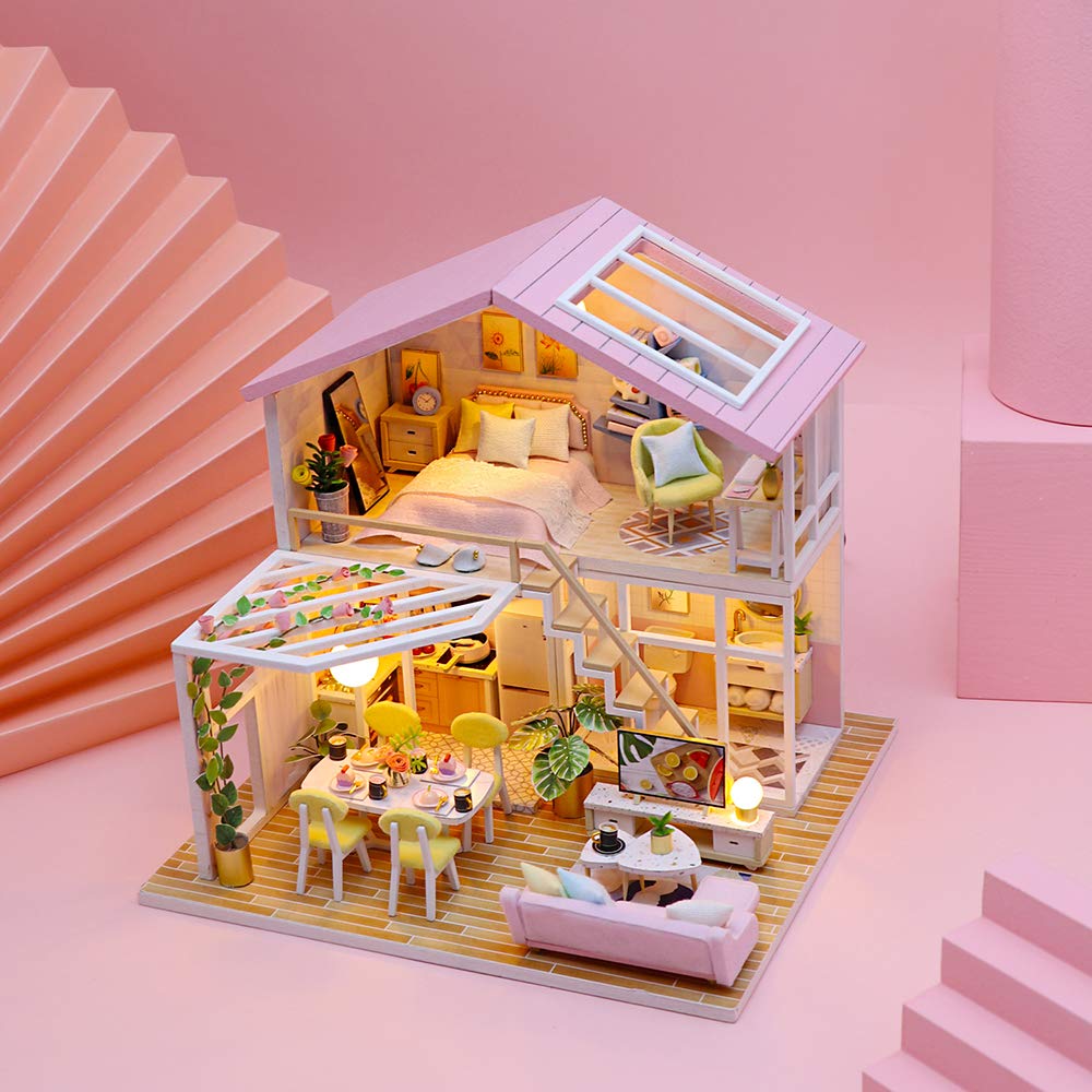 GuDoQi DIY Miniature Dollhouse Kit, Tiny House kit with Furniture and Music, Miniature House Kit 1:24 Scale, Great Handmade Gift for Birthday Easter Day, Sweet Time House