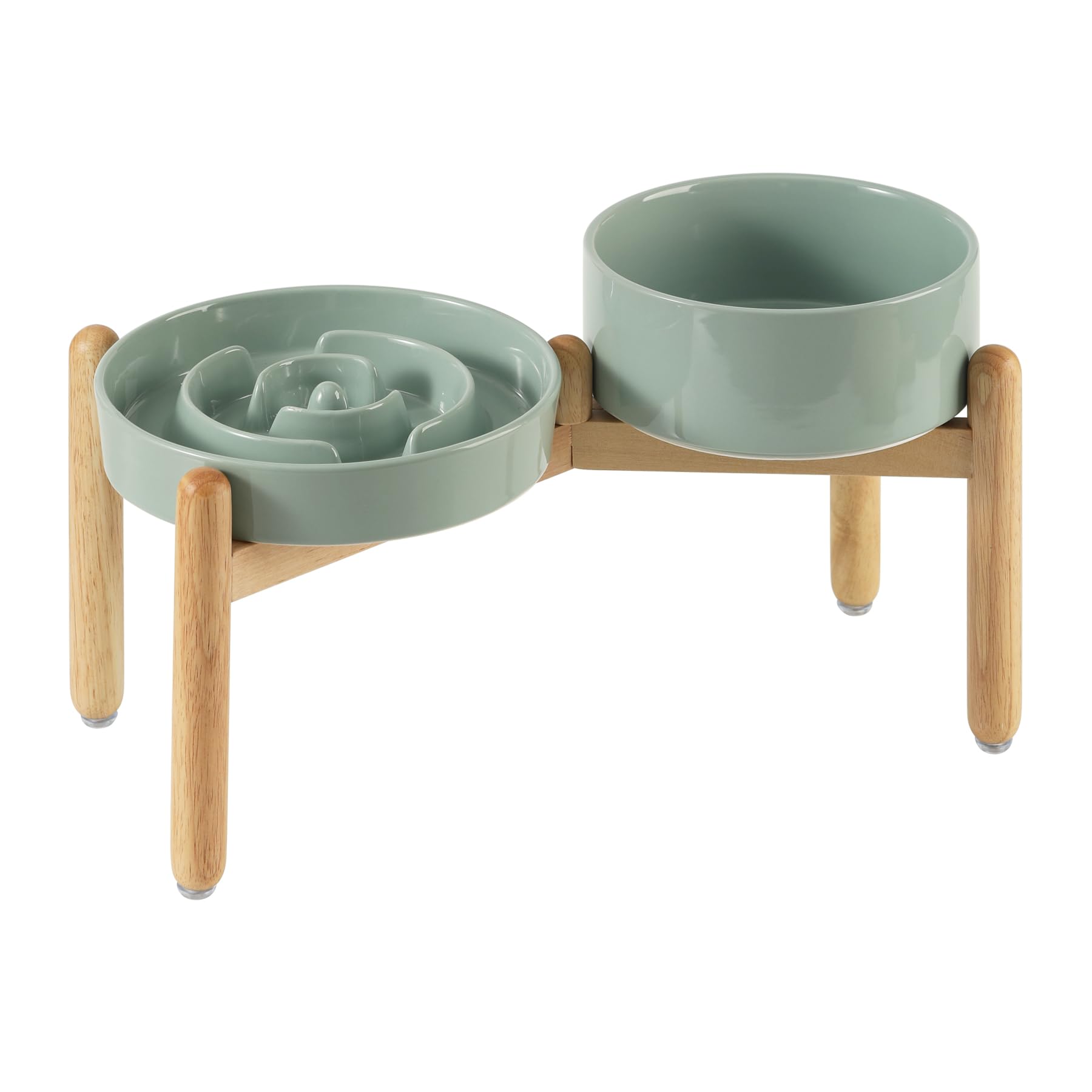 Photo 1 of Havniva Ceramic Raised Slow Feeder Dog Bowl Set, Elevated 6.1inch Bowl and 7.3inch Puzzle Slow Food Dish with Wooden Stand for Small and Medium Dog, Anti-Gulping (2X Light Green+ Stand)