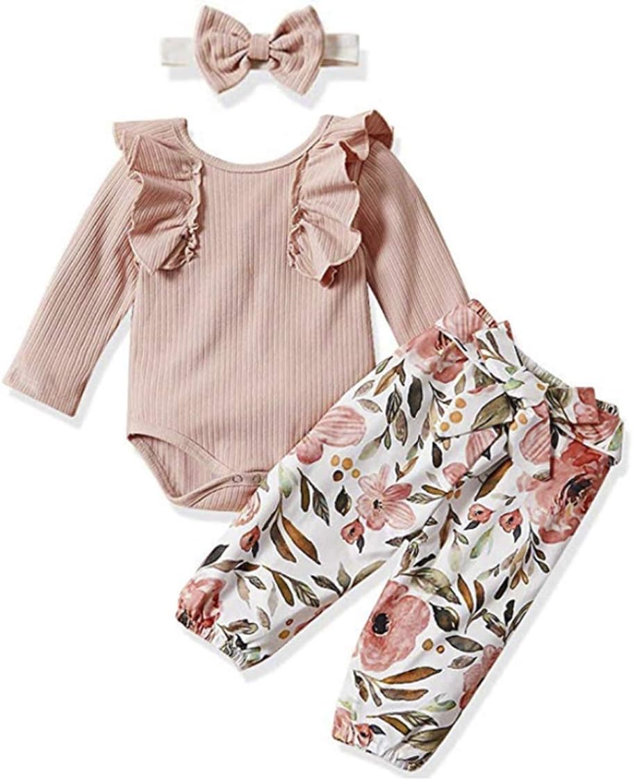 Newborn Baby Girls Clothes, Infant Kids Toddler Long/Short Sleeve Ruffle Romper Bodysuit and Floral Pants Set Outfits