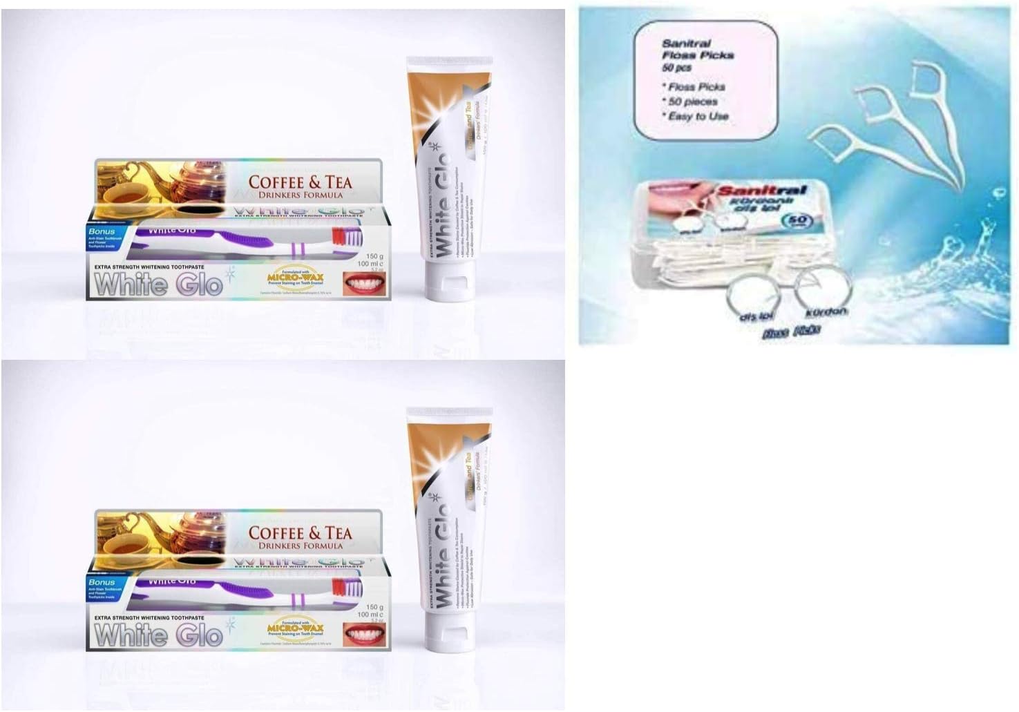 White Glo Premium Coffee & Tea Drinkers Formula Intense Extra Whitening Toothpaste & Toothbrush-100 ml (Pack of 2) with Sanitral 50 Pcs Dental Floss Stick Included as a Gift - Image 4