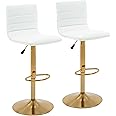 Vogue Furniture Direct PU Leather Bar Stools, Modern Square Adjustable Swivel Barstools with Back, Armless Airlift Counter Height Bar Chairs for Kitchen Dining Set of 2 (Pearl White, Gold Base)
