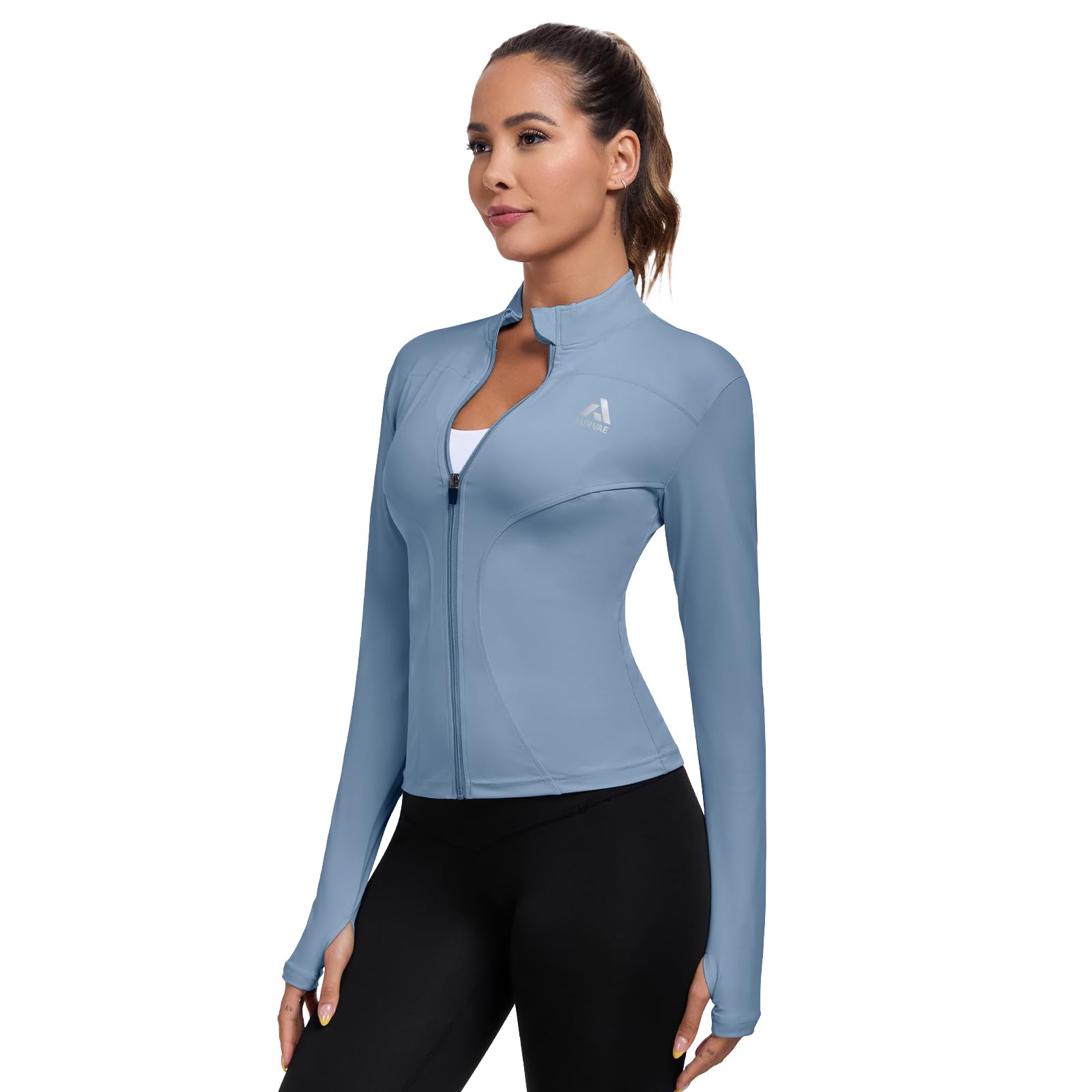 AURVAE Women's Workout Jacket, Womens Cropped Lightweight Running Jackets, Zip Slim Fit Athletic Tops for Gym, Yoga, Jogging (Medium, LightBlue)