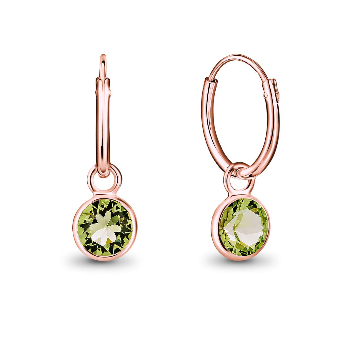 DTPsilver® 925 Sterling Silver Rose Gold Plated SMALL Hoops Earrings - Dangling 5 mm Round Glittering Crystals from Swarovski® Elements - Diameter 12 mm - Colour: Peridot