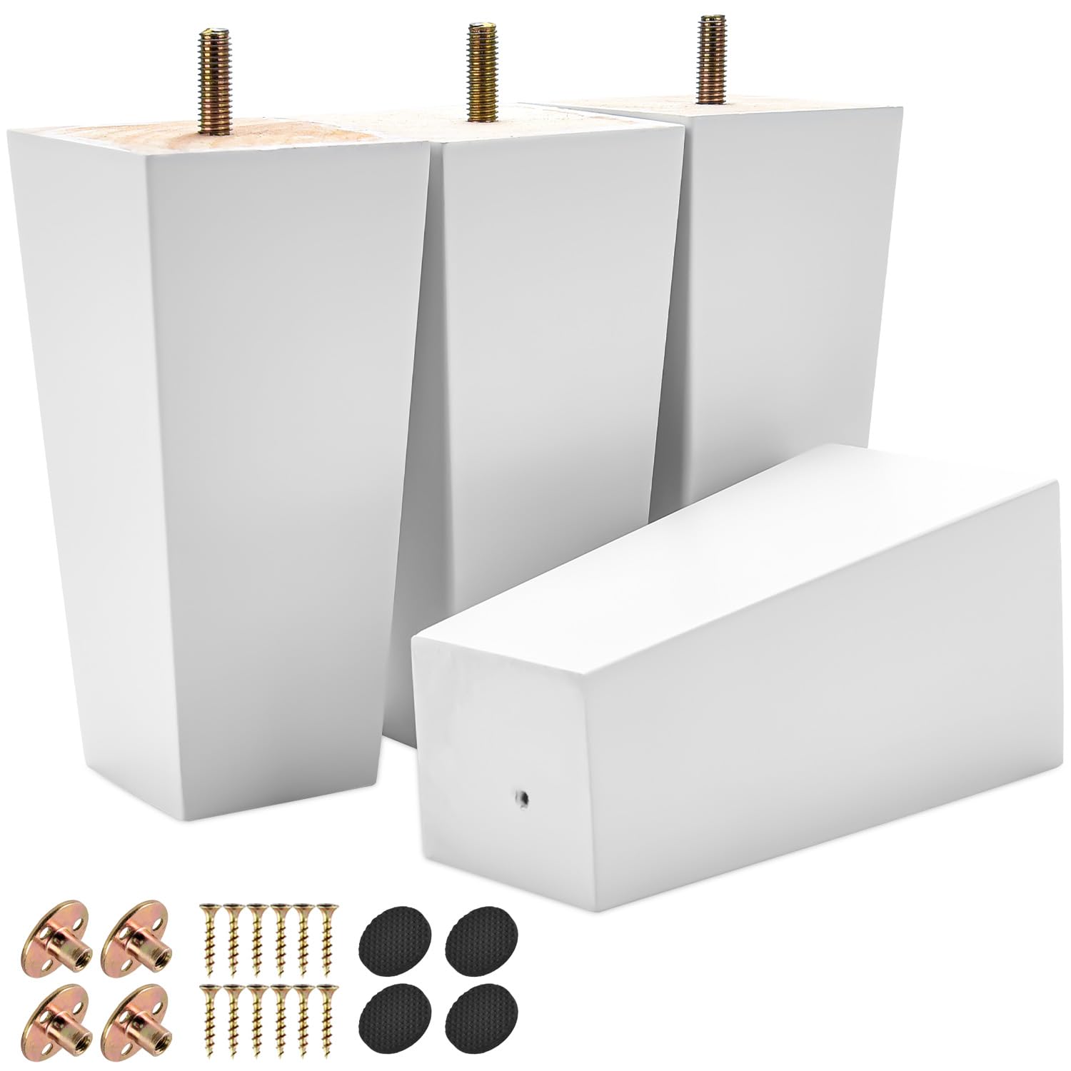 Btowin 4 inch / 10cm Solid Wood Furniture Legs, 4Pcs White Mid-Century Modern Wooden Pyramid Replacement Feet Sofa Legs with Threaded M8 Hanger Bolts &Mounting Plate &Screws for Couch Chair
