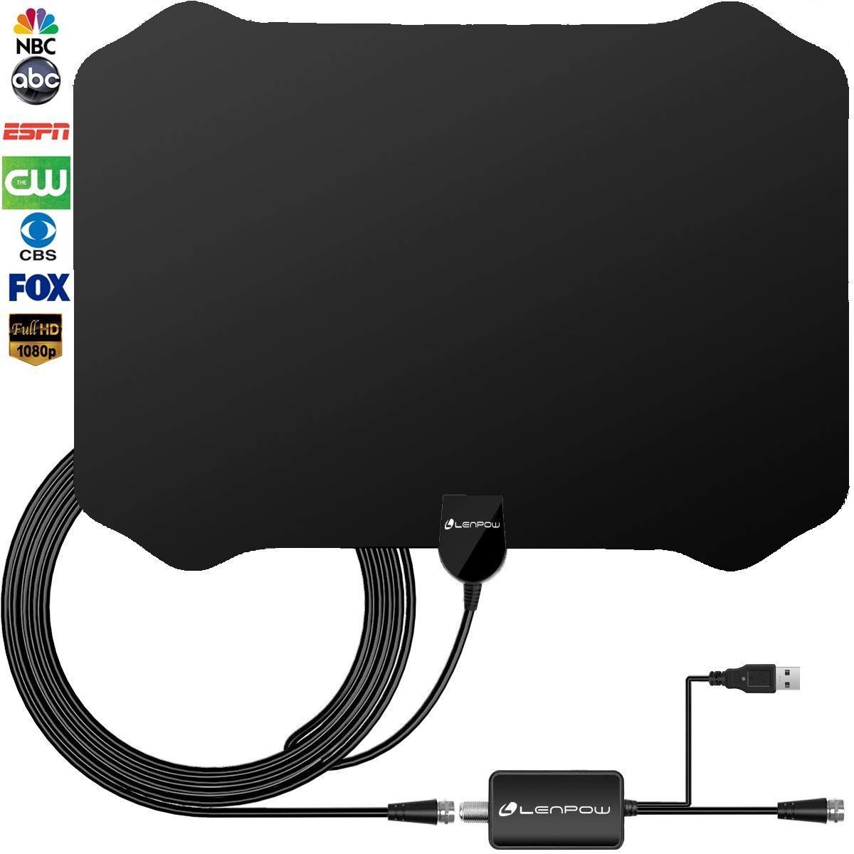 TV Antenna, LENPOW Best Indoor 1080P Amplified Digital TV Antenna 60 Mile Range with Detachable Amplifier Signal Booster, USB Power Supply, 16.5Ft High Performance Coaxial Cable, Black