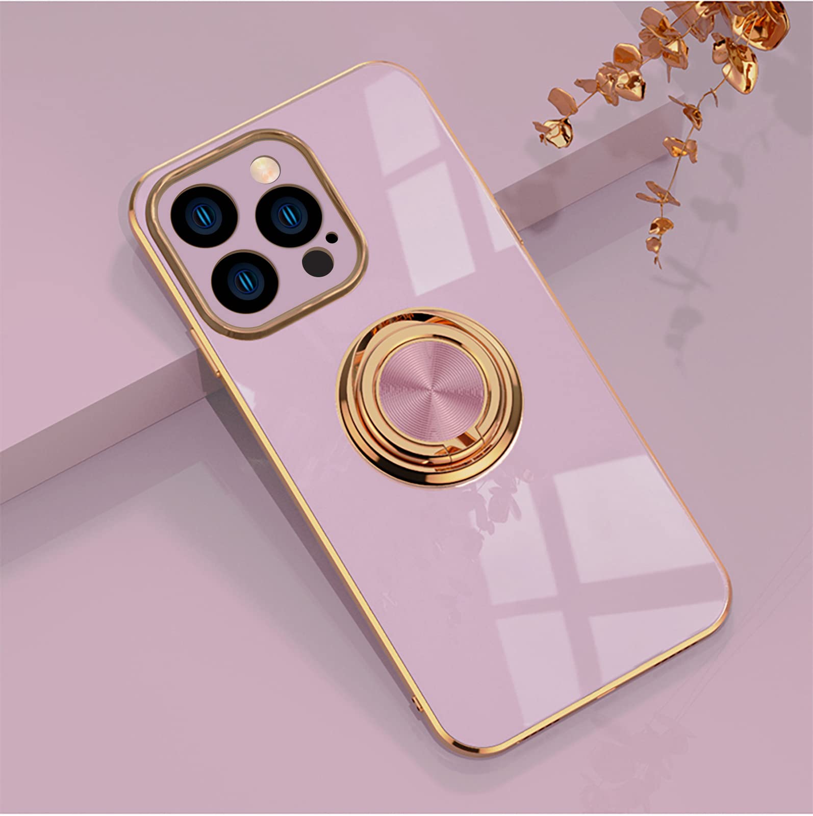 EYZUTAK Electroplated Magnetic Ring Holder Case, 360 Degree with Rotation Metal Finger Ring Holder Magnet Car Holder Soft Silicone Shockproof Cover for iPhone 12 Pro Max 6.7 inch - Purle Purple — image 1