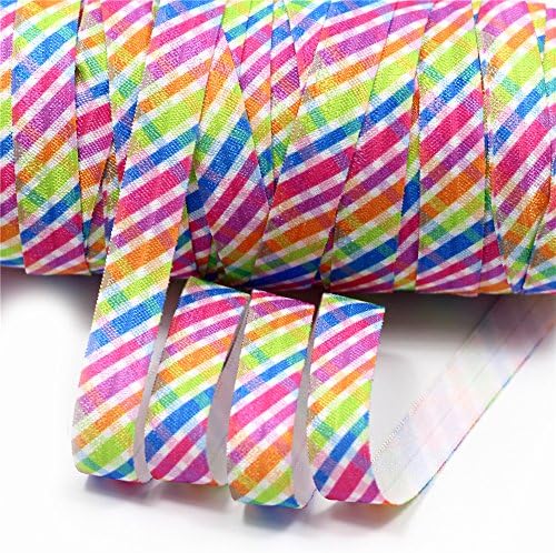 mdribbons 5/8 Inch 50 Yards/Roll Plaid Print FOE Elastic Ribbon-Rainbow Color-Design 11 (HT01-PG025-00486)