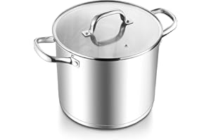 E-far 10 Quart Stainless Steel Stock Pot, Large Cooking Pot with Glass Lid for Soup Canning Stewing Simmering, Heavy Duty Coo