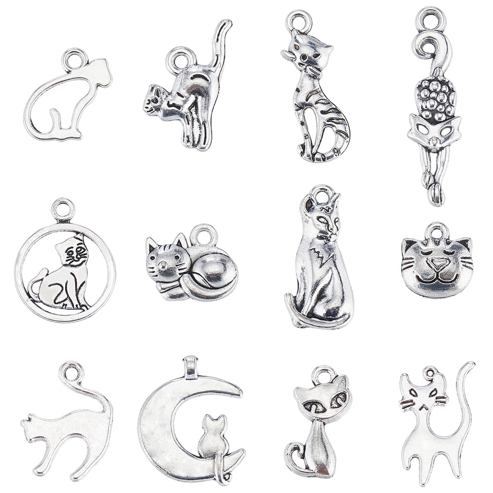 SUNNYCLUE 1 Box 96Pcs 12 Styles Cats Charms Mini Kitty Charm Tibetan Alloy Silver Cute Pet Animal Charms Bulk for jewellery Making Charms DIY Crafting Necklace Bracelets Earring Women Beginners Adult