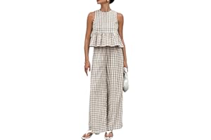 Women's 2 Piece Outfits Summer Matching Sets, Gingham Plaid Sleeveless Ruffle Tank Top and Wide Leg Pants Y2k Lounge Sets