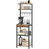 YATINEY Bakers Rack, 5-Tier Coffee Bar Station, Coffee Stand with Pod Drawer Holder, Versatile Kitchen Storage Rack with 4 Hooks, for Living Room, Cafe Corner, Rustic Brown and Black KF01BRY1