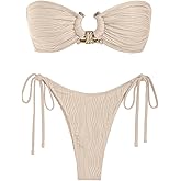 ZAFUL Women Bikini Sets Ribbed Textured Metal Two Piece Adjustable Tie Back Bandeau Bathing Suit Tie Side High Cut Swimsuit