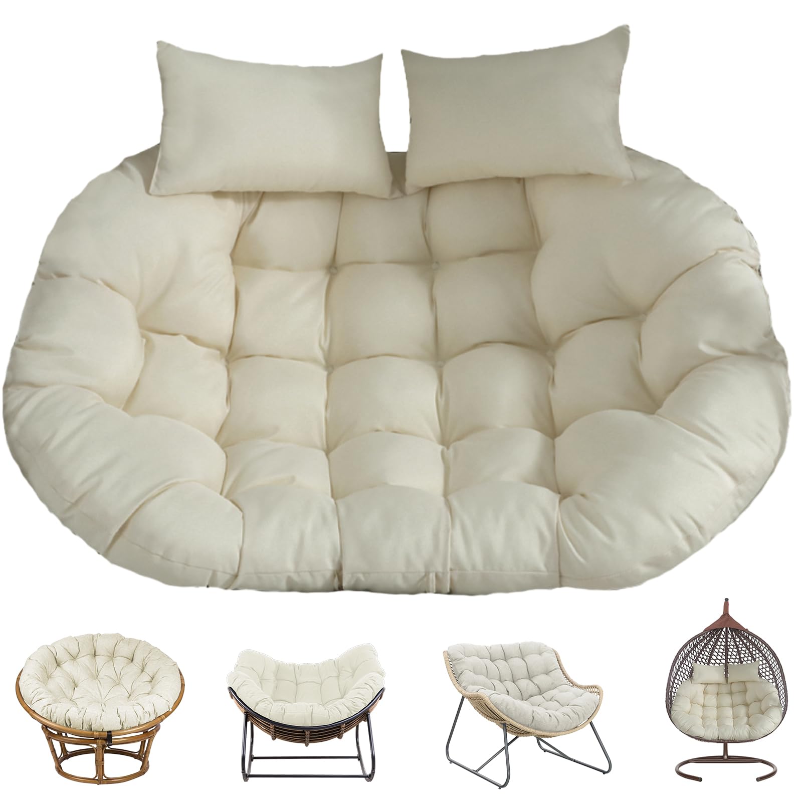 Photo 1 of 6.3'' Thickened Waterproof Double Egg Chair Cushion Replacement – PP Cotton Pad with Ties, UV-Resistant Outdoor Indoor 2 Seater Swing Chair Cushion for Patio, Garden, Balcony (59x39in, Beige)