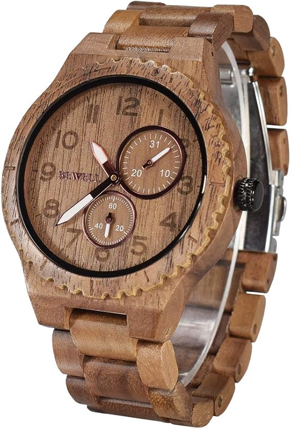 BEWELL Herren Natürliche Hölzerne Uhr Retro Quartz Analog Armbanduhr