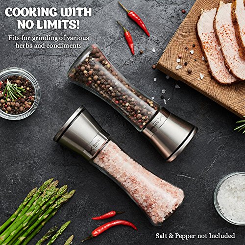 Salt and Pepper Grinder Set - Mill and Shakers Kit - Brushed Stainless Steel, Tall Premium Glass and Adjustable Ceramic Grinding System for Cooking Spices - Perfect on Kitchen