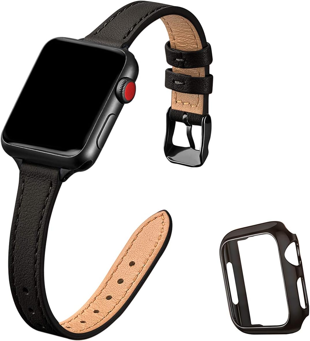 STIROLL Slim Leather Bands Compatible with Apple Watch Band 38mm 40mm 42mm 44mm, Top Grain Leather Watch Thin Wristband for iWatch SE Series 6/5/4/3/2/1 (Black with Black, 38mm/40mm)