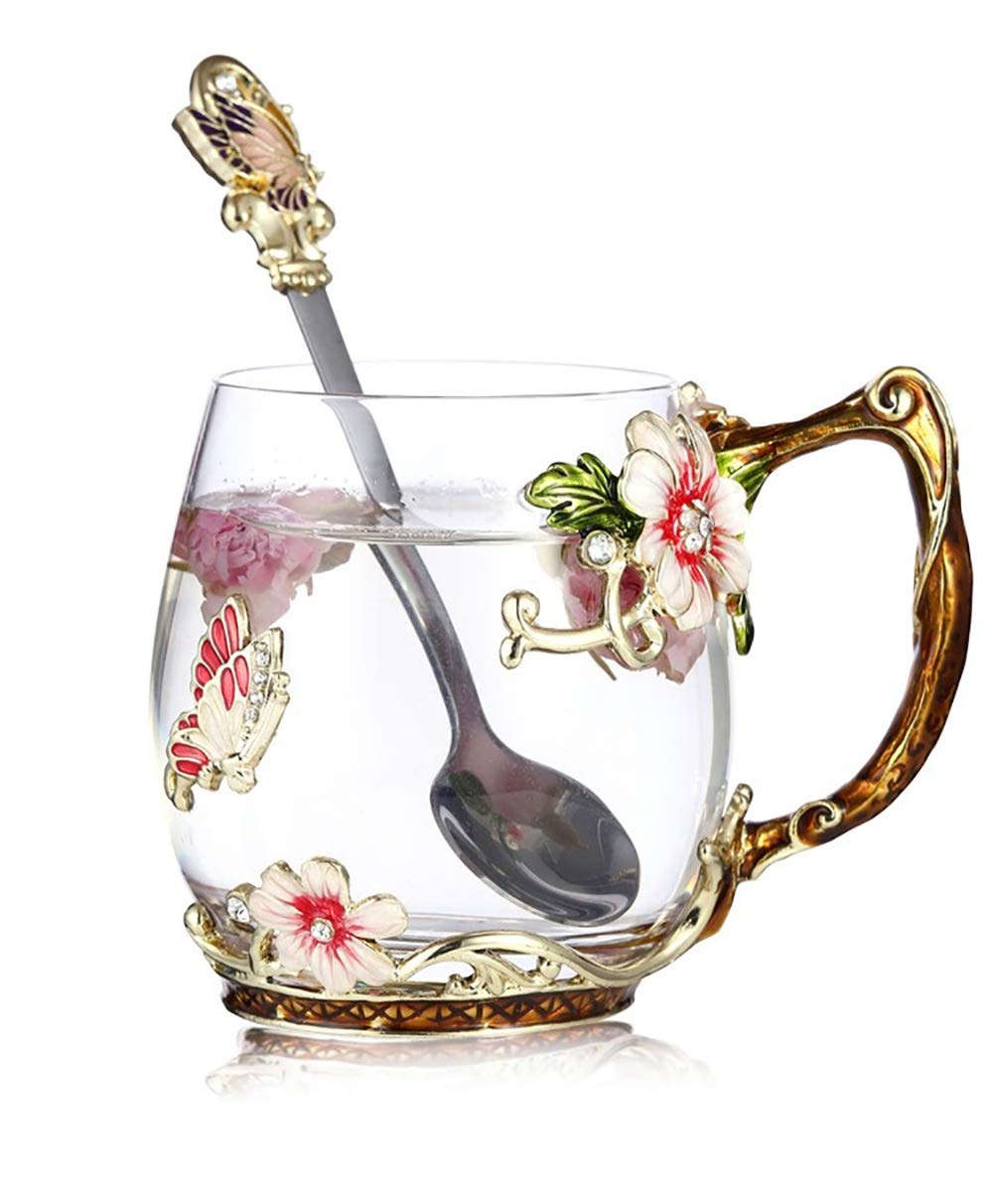 Luka Tech Enamel Butterfly Flower Glass Coffee Mugs Tea Cup with Spoon,Birthday Christmas Gifts for Her Women Mum Friends Teacher Valentines Mothers Day
