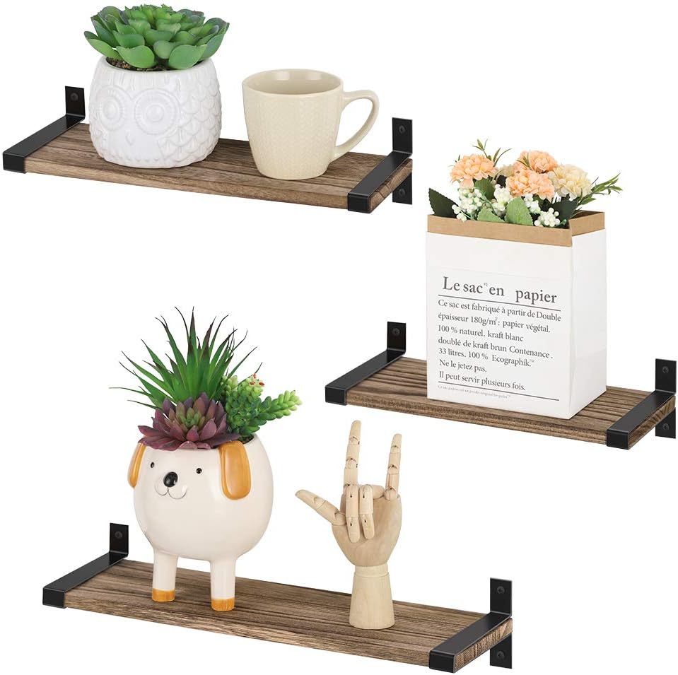 Amazon Com Nex Rustic Wood Wall Mounted Floating Shelves For Bathroom Bedroom Kitchen Living Room Set Of 3 Brown Home Kitchen